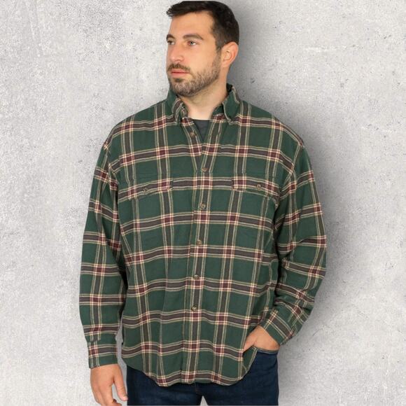 Eddie Bauer XXL Bainbridge Flannel Shirt Green Maroon Plaid Long Sleeve Cotton - Picture 1 of 8